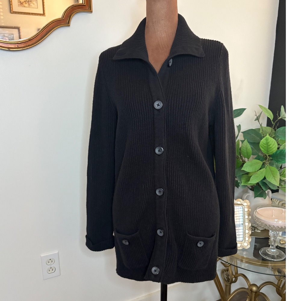 Denim & Company Black Knit Cardigan Sweater Jacket‎ Pockets Button Front